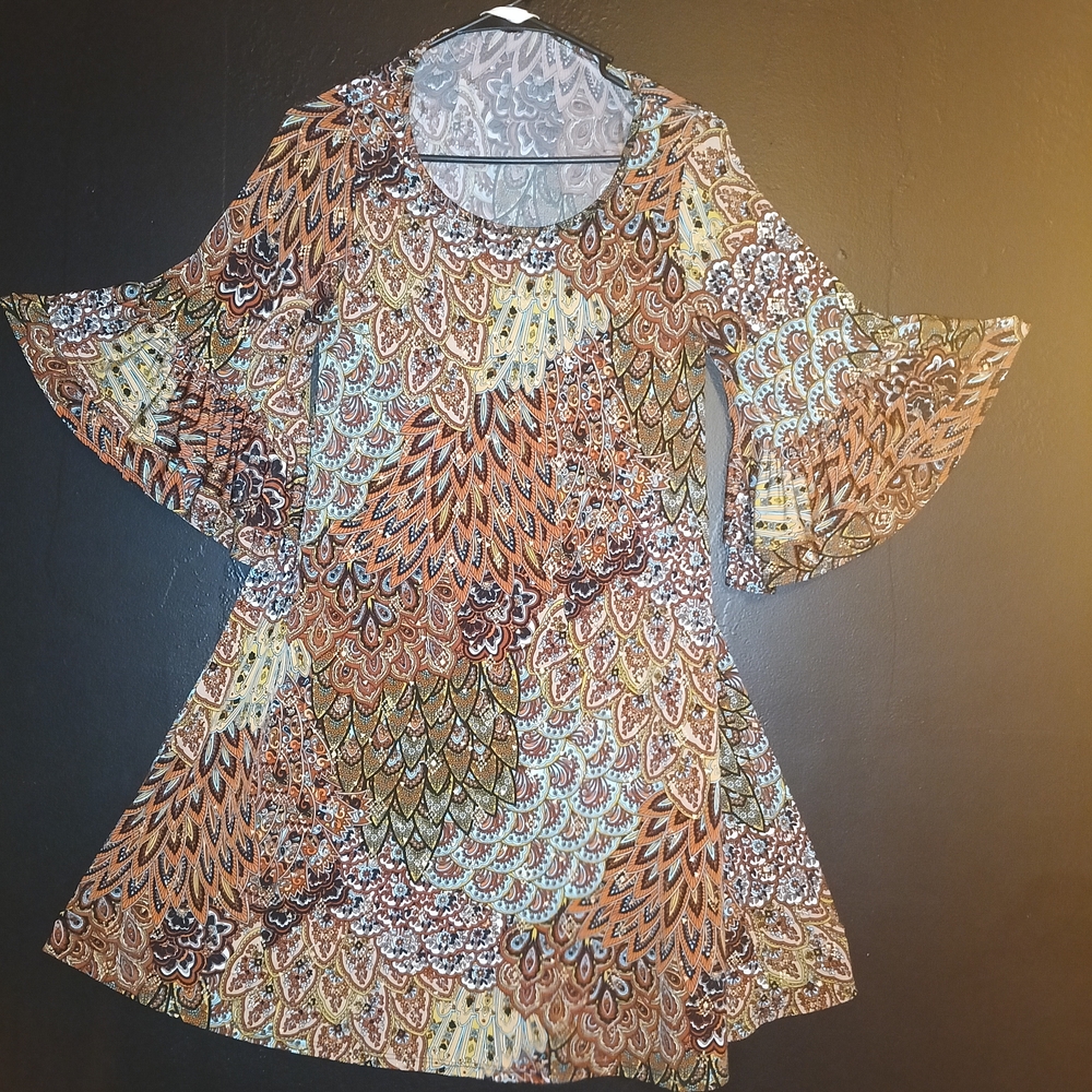 Boho Paisley Bell Sleeve Tunic Top - Rust Multi